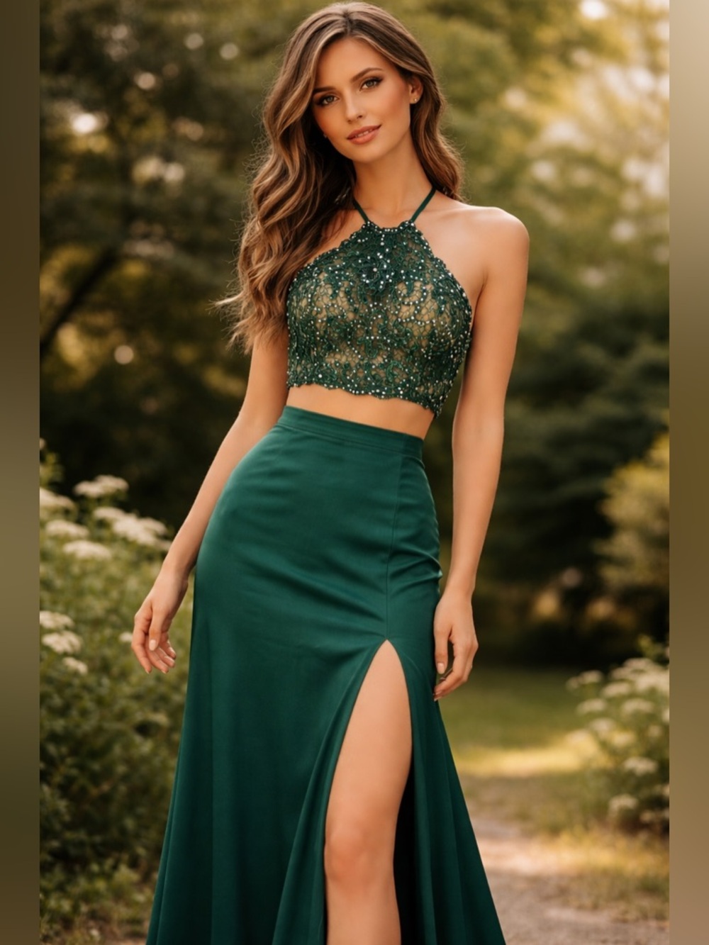 Madison James 2 Piece Prom Formal Dress Lace and Beading In Green